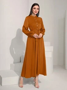Modelyn Mock Neck Lantern Sleeve Belted Dress - Burnt Orange - View 3