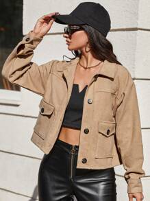 EURMUSE Flap Pocket Drop Shoulder Overcoat - Beige - View 5