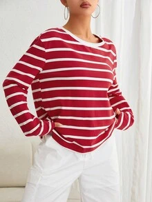 SHEIN EZwear 條紋印花落肩T恤 - 紅白色 - 查看 3