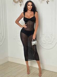 Allurite 幾何印花網紗吊帶緊身洋裝不附帶內衣褲套裝 - 黑色 - 查看 1