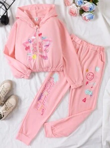 SHEIN Tween Girl Letter & Star Print Hoodie & Sweatpants - Black - View 1