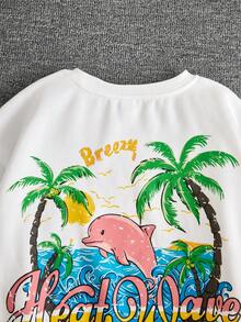 女大童字母&棕櫚樹印花落肩袖套頭衫 - 白色 - 查看 5