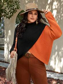 SHEIN VCAY Plus Two Tone Drop Shoulder Wrap Cross Sweater - Multicolor - View 3