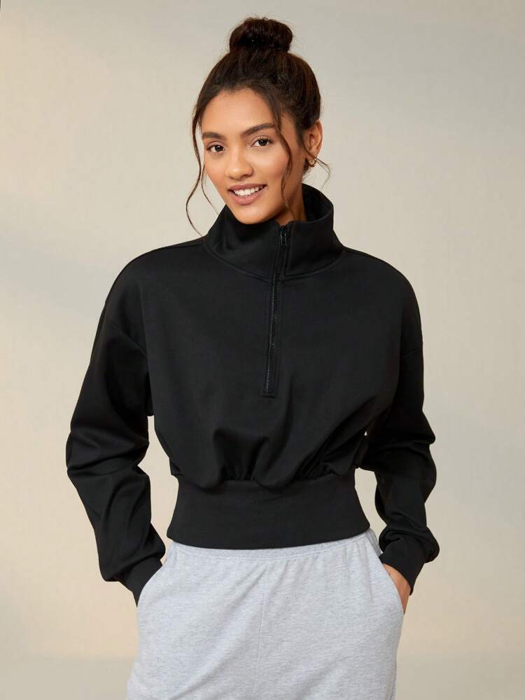 Half Zip Drop Shoulder Crop Sports Sweatshirt