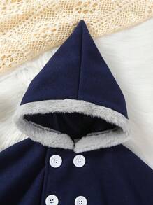 SHEIN 男嬰雙排釦毛茸邊披肩連帽花呢外套 - 藏蓝色 - 查看 5