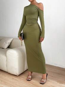 Allurite Asymmetrical Neck Drawstring Side Ruched Split Sleeve Bodycon Dress