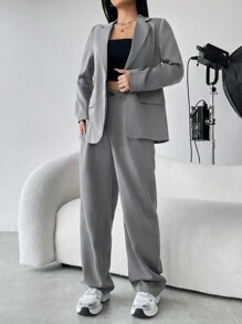 SHEIN Unity Solid Button Front Blazer & Wide Leg Pants - Grey - View 6