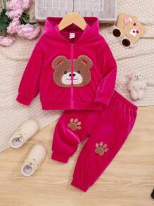 SHEIN Leap Crew 女嬰小熊刺繡拉鏈連帽衫和運動褲 - 玫紅色 - 查看 1
