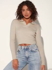 SHEIN BASICS Solid Ribbed Knit Crop Sweater - Apricot - View 6