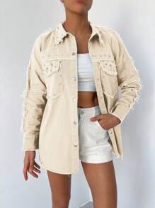 Cottnline Flap Pocket Raw Trim Button Front Denim Jacket - Beige - View 4