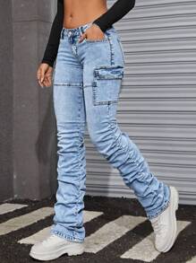 SHEIN ICON Flap Pocket Stacked Jeans - Light Wash - View 5