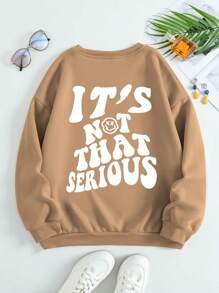 SHEIN EZwear Plus Slogan Graphic Thermal Lined Sweatshirt - Khaki - View 1