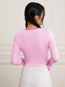 Muchica In Trái tim Tương phản Sequin Áo phông Crop - Hồng - Xem 2