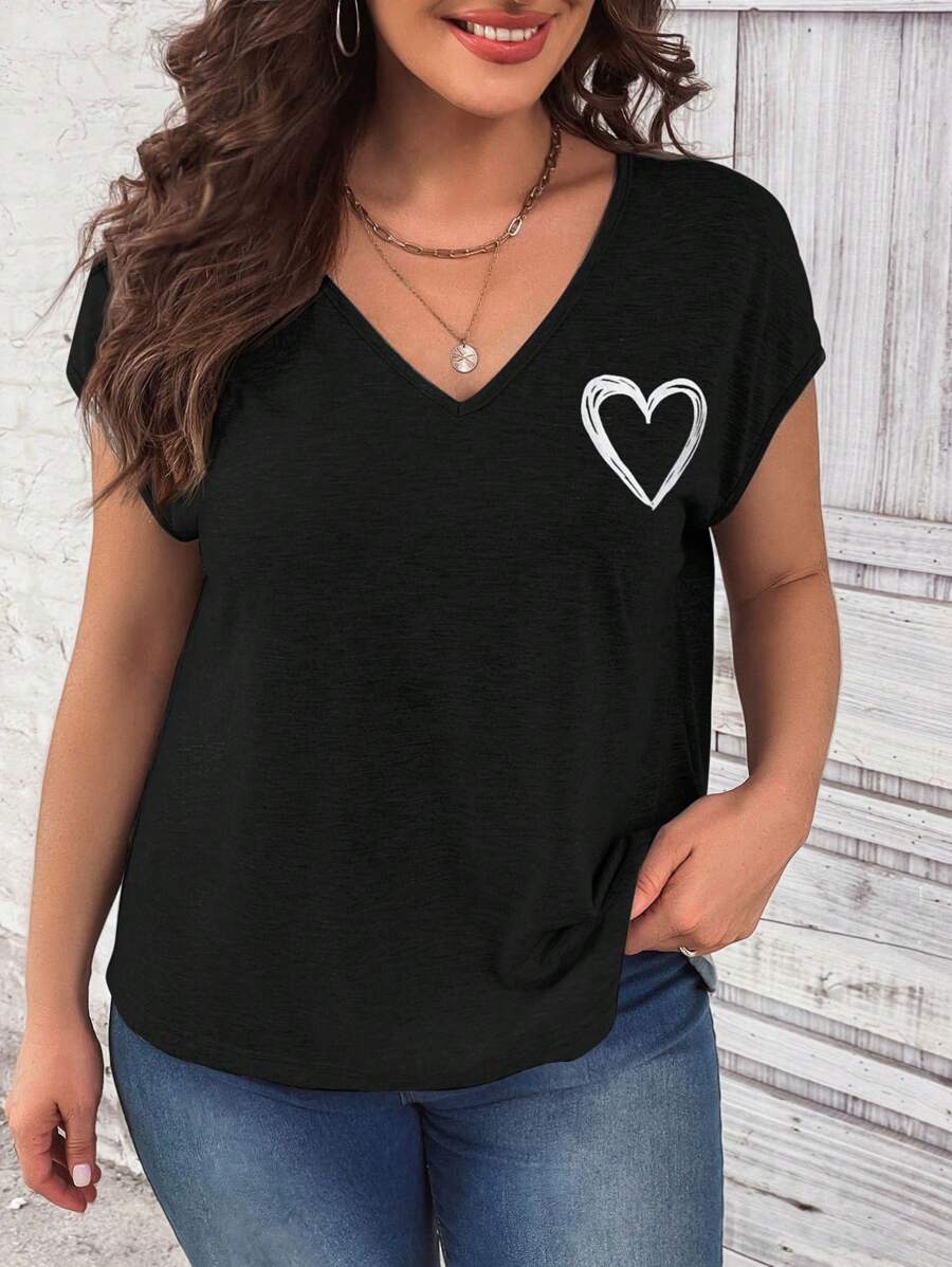 SHEIN LUNE Plus Heart Print Batwing Sleeve Black Top, Summer Tee