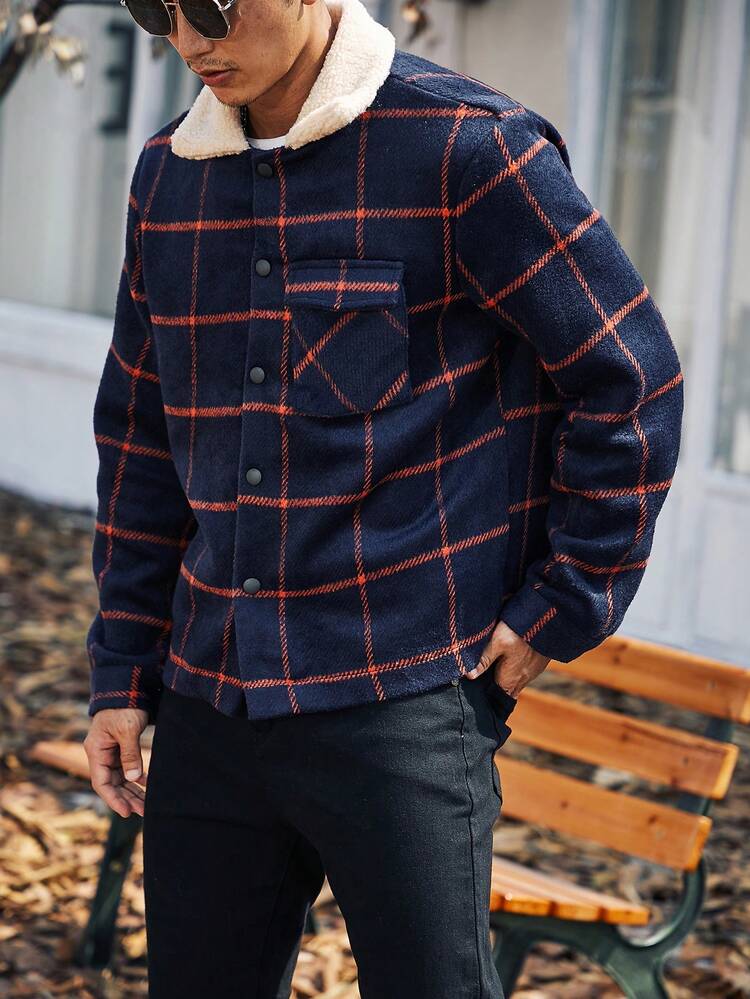 Loose Fit Men's Plaid Printed Jacket With Borg Collar And Flap Pockets