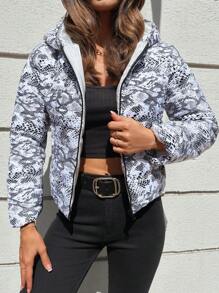 EURMUSE Allover Print Zip Up Hooded Puffer Coat - White - View 7