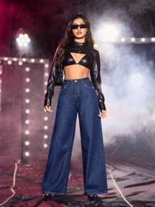 SHEIN 高腰珍珠串珠闊腿牛仔褲 - 深色水洗藍 - 查看 7