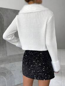 Allurite Fuzzy Collar Ribbed Knit Cardigan - White - View 2