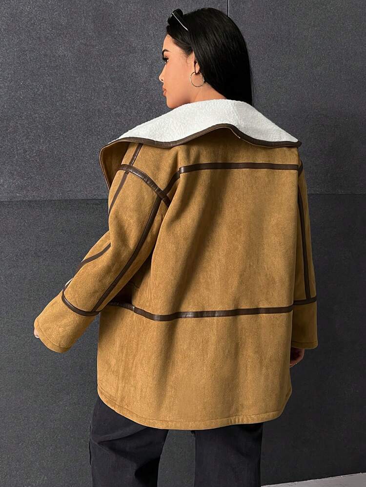 Plus Waterfall Collar Teddy Lined Contrast Binding Coat