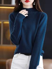 100% Merino Wool Women's Sweater Soft Warm Mock Neck Pullover Fall Winter Sweater One-Line Seamless Sweater