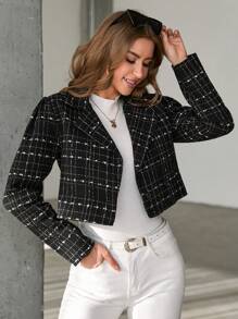 EURMUSE Plaid Pattern Lapel Neck Crop Blazer - Black - View 1
