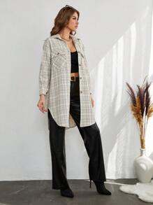 EURMUSE Plaid Print Drop Shoulder Flap Pocket Button Front Coat - Multicolor - View 4