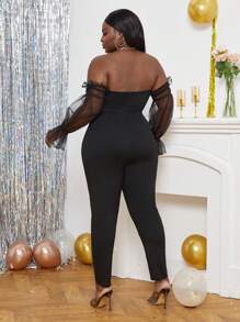 SHEIN Lady 大碼一字肩網紗拼接連身褲 - 黑色 - 查看 2