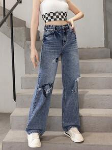 Teen Girl Embroidery Heart Pattern Ripped Straight Leg Jeans - Dark Wash - View 3