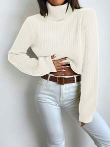 SHEIN Essnce 高領條紋針織套頭毛衣 - 白色 - 查看 3