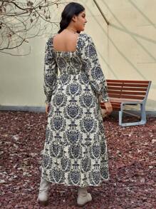 SHEIN VCAY Talla grande Vestido con estampado de cuello cuadrado de manga farol - Multicolor - Ver 2