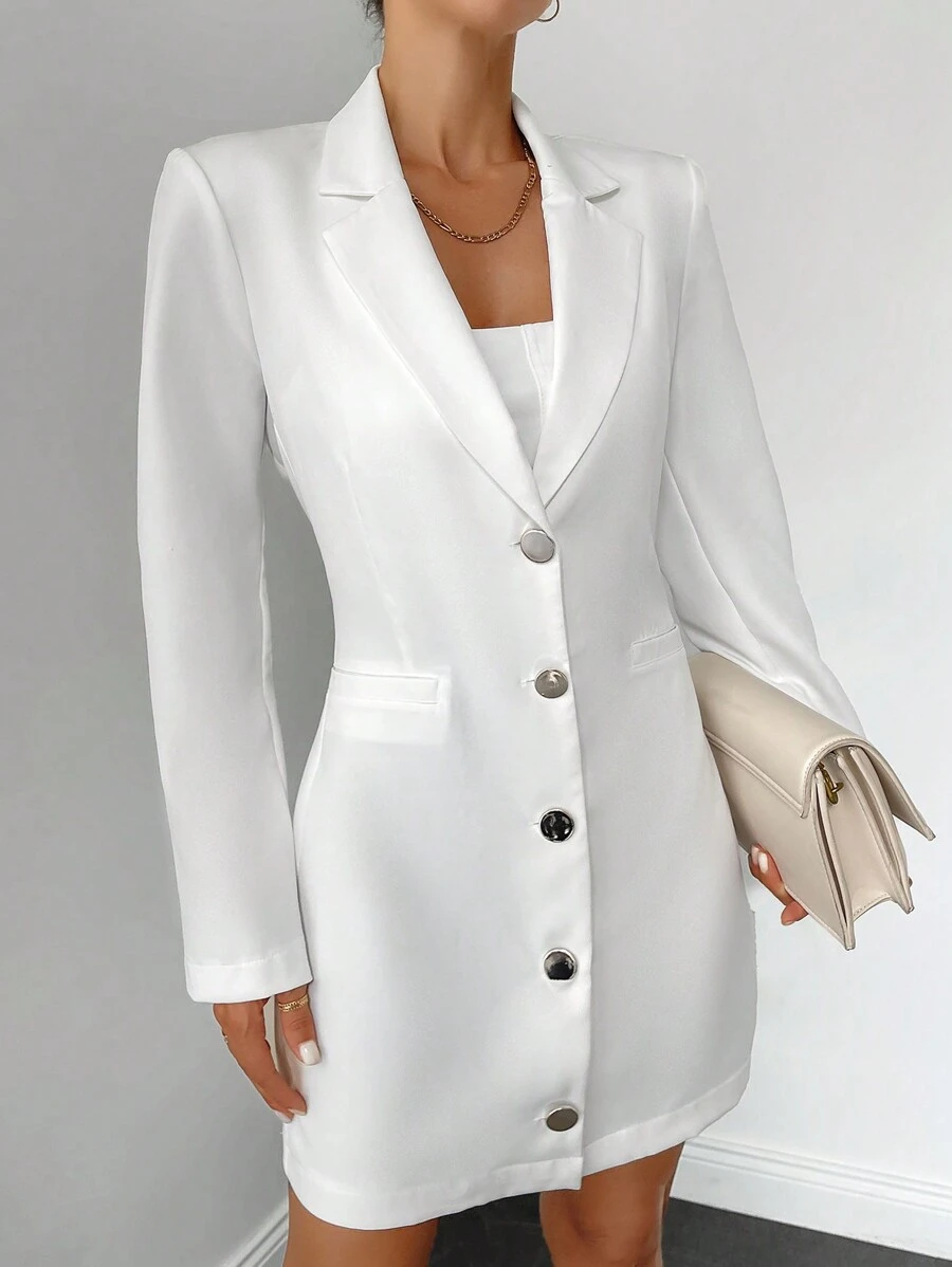 EURMUSE Solid Button Front Blazer Dress - White - View 1