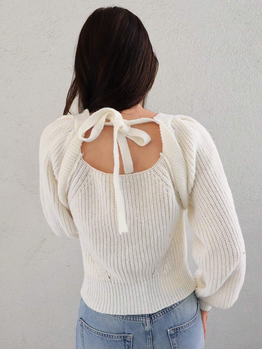 SHEIN Privé Tie Back Raglan Sleeve Sweater - Beige - View 1
