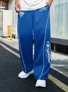 Manfinity RebelGame 男士字母圖案拼接滾邊腰部抽繩衛褲 - 寶藍色 - 查看 1