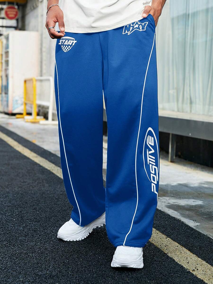 Manfinity RebelGame 男士字母圖案拼接滾邊腰部抽繩衛褲 - 寶藍色 - 查看 1