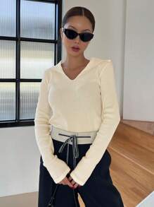 DAZY Chất rắn Đồ đan Ribbed Áo thun - Màu be - Xem 5