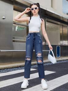 SHEIN 青少年女孩破洞直筒牛仔褲 - 深色水洗藍 - 查看 4