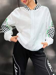 SHEIN EZwear Checkerboard & Letter Graphic Drop Shoulder Hooded Jacket - White - View 5