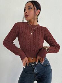 SHEIN Essnce Cable Knit Crop Sweater - Burgundy - View 4