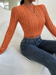 Chiquease Cable Knit Crop Knit Pullover Fall Winter Sweater - Rust Brown - View 5