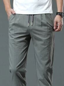 Men Solid Drawstring Waist Trousers - Grey - View 4