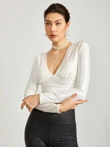 GLOWMODE 銀箔皮革效果閃亮v領運動上衣,輕支撐 - 白色 - 查看 7