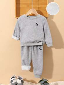SHEIN Baby Boy Dinosaur Print Thermal Lined Sweatshirt & Sweatpants - Light Grey - View 1