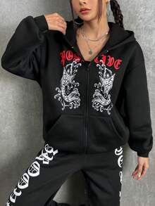 SHEIN Coolane Letter Graphic Drop Shoulder Hoodie & Sweatpants - Black - View 6