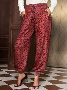 SHEIN Unity 大碼豹紋印花腰上打結長褲 - 紅木色 - 查看 4