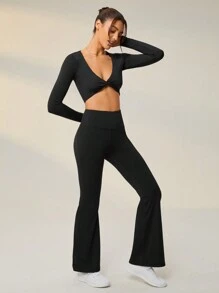 Lifespree Twist Front Crop Tee & Flare Leg Pants Sports Set
