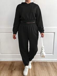 Calvaya Plus Drop Shoulder Drawstring Crop Hoodie & Sweatpants - Black - View 5
