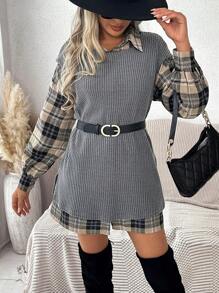 SHEIN Frenchy Plaid Drop Shoulder Blouse & Vest Without Belt Winter - Dark Grey - View 3