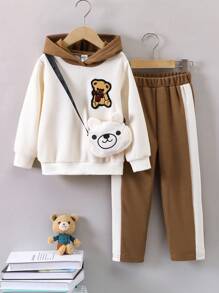 SHEIN 男小童熊貼布連帽衫&拼接側邊接縫長褲&包 - 彩色 - 查看 1