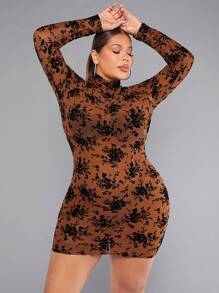 SHEIN SXY Vestido Bodycon De Cuello Alto Y Malla Con Estampado Floral Y Flocado, Atuendo Sexy Para Mujeres En El Club O En Fiestas De Año Nuevo
