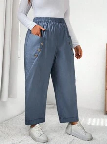 SHEIN LUNE Plus Button Detail Dual Pocket Pants - Dusty Blue - View 3